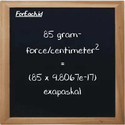 Cara konversi gram-force/centimeter<sup>2</sup> ke exapaskal (gf/cm<sup>2</sup> ke EPa): 85 gram-force/centimeter<sup>2</sup> (gf/cm<sup>2</sup>) setara dengan 85 dikalikan dengan 9.8067e-17 exapaskal (EPa)